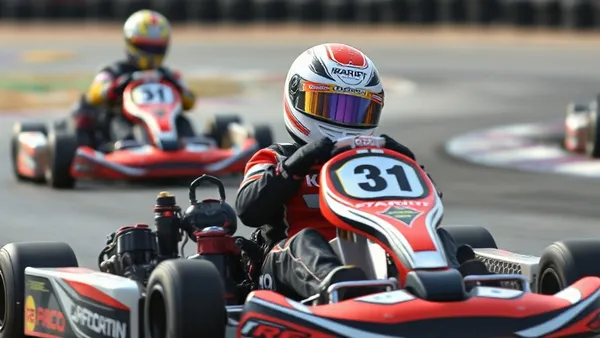Jovem piloto de kart em traje de corrida ao lado de um monoposto de Fórmula 1