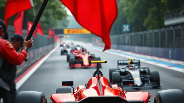 Bandeira vermelha sendo exibida em corrida de Fórmula 1 com carros parando na pista