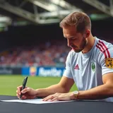 Jogador de futebol assinando contrato em mesa de negociação com camisa de clube ao fundo
