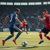 Dois times de futebol disputando a bola no meio-campo, um com linha de passe curto e outro com lançamento longo em campo aberto