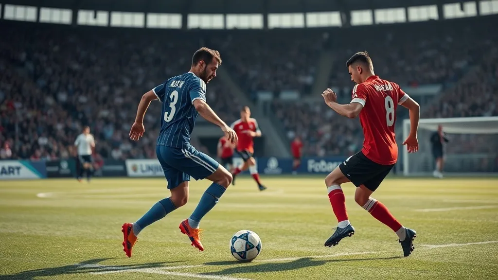 Dois times de futebol disputando a bola no meio-campo, um com linha de passe curto e outro com lançamento longo em campo aberto