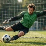 Goleiro de futebol se lançando para defender uma cobrança de pênalti