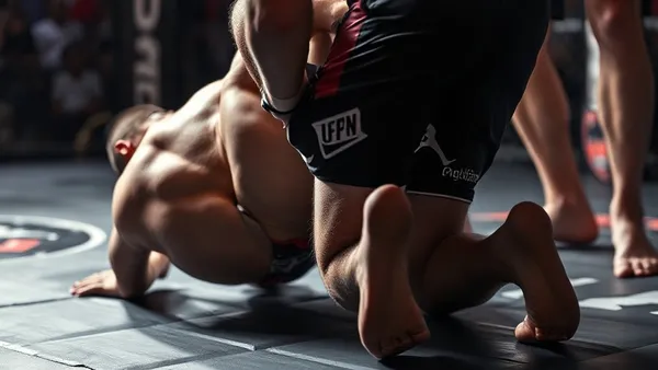 Lutador de MMA controlando as costas do adversário com hooks e grip de cinto de segurança no chão