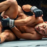 Lutador de MMA aplicando guilhotina no clinch dentro do octógono