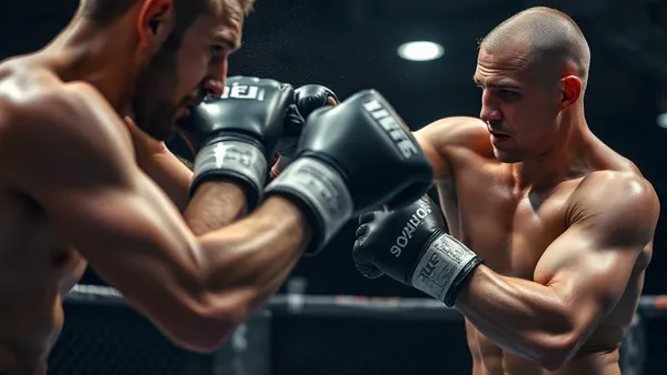 Dois lutadores de MMA no octógono em posição de combate, um avançando e o outro aguardando