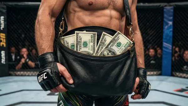 Octógono do UFC visto de cima com luzes de arena, simbolizando o palco onde se decide a bolsa de um lutador