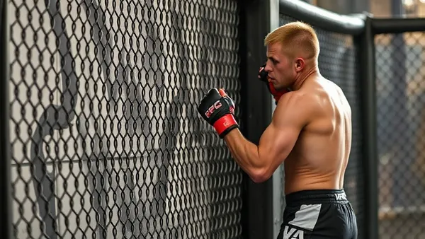 Lutador de MMA usando a grade do octógono como apoio para se levantar do chão