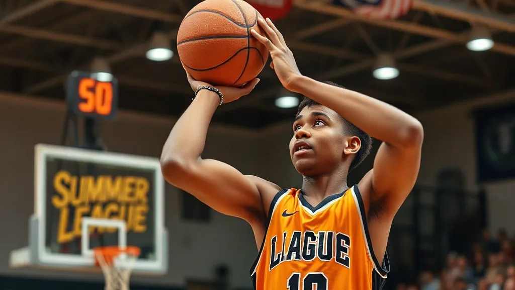 Jovem jogador de basquete arremessando durante partida de pré-temporada da NBA em quadra iluminada