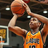 Jovem jogador de basquete arremessando durante partida de pré-temporada da NBA em quadra iluminada