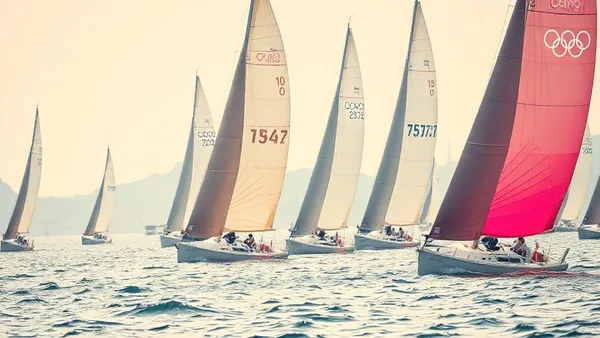 Veleiro de competição em regata olímpica cortando as águas, remetendo à tradição da vela brasileira