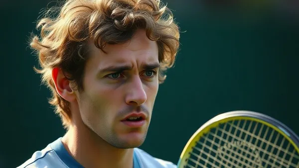 Tenista cabisbaixo após perder partida em quadra de Grand Slam, com estádio ao fundo